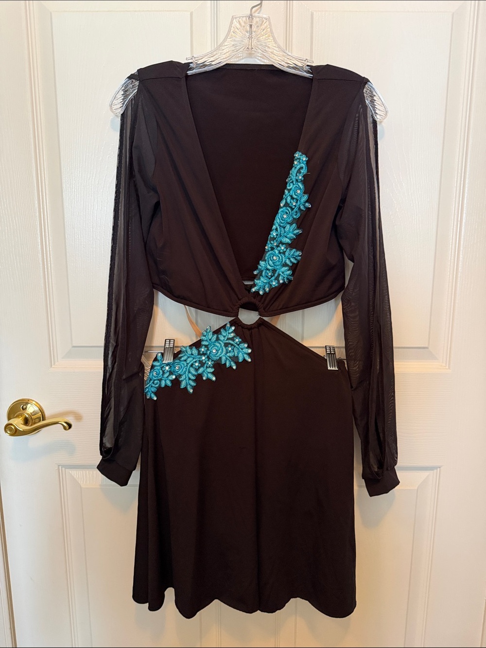 Weissman Black Dance Dress with Teal Floral Appliqué